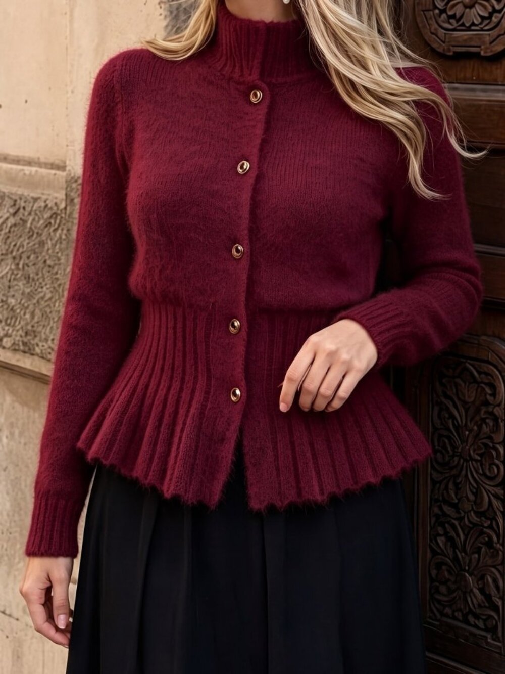 Burgundy Casual Women's Rib-Knit Button Front Fuzzy Cardigan